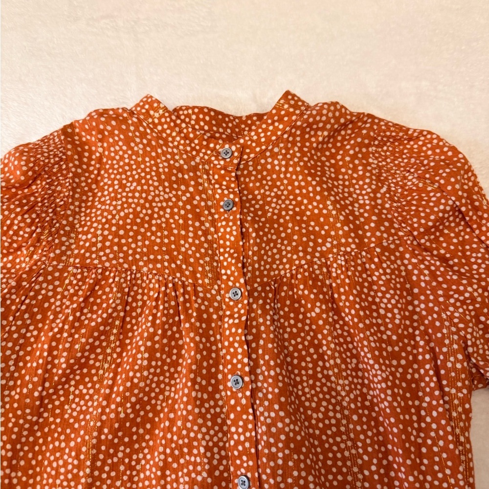 LOFT Womens Orange Dot Print Metallic Thread Long Sleeve Shirt
Size XSmall NEW - Picture 3 of 9